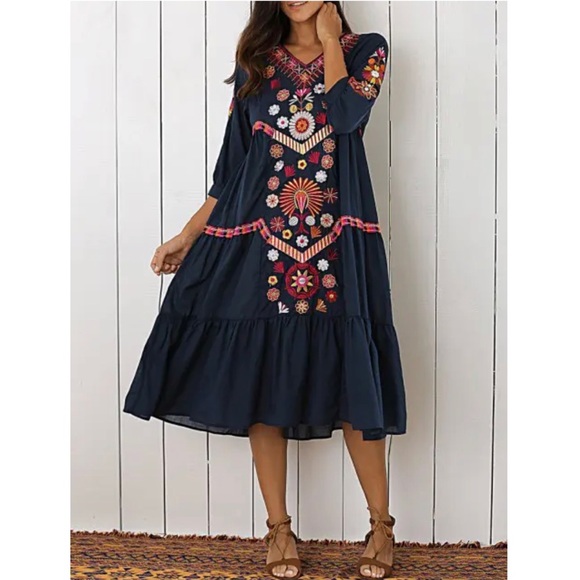 Zara Dresses Zara Embroidered Tiered Midi Dress Blue Poshmark